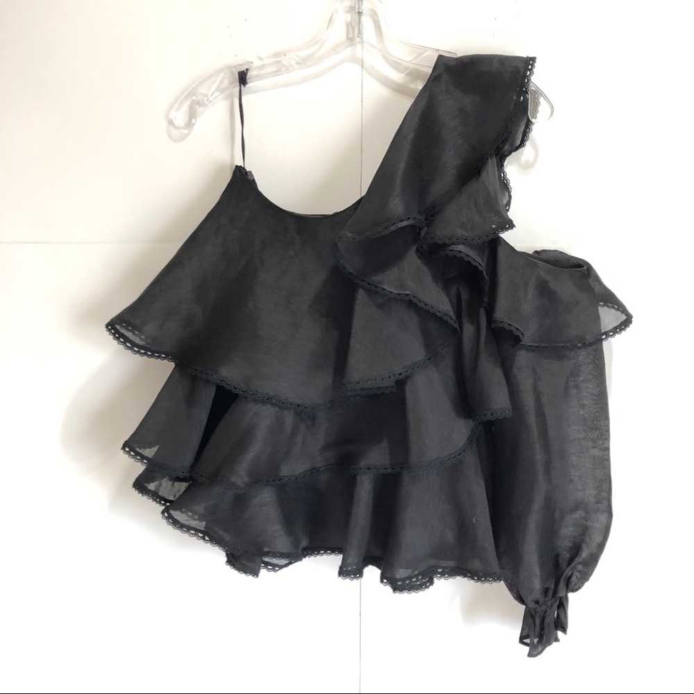 AMUR Black Asymmetrical Ruffle Blouse - Picture 3 of 6